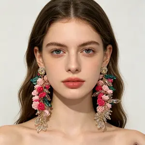 ANDKISS Pink Crystal Floral Tassel Statement Earrings — A High-End, Chic Design. Instantly "Instagrammable" and Perfect for Travel Photoshoots & Sightseeing Check-Ins. The Ultimate Gift Choice for Your Girlfriend or Best Friend.