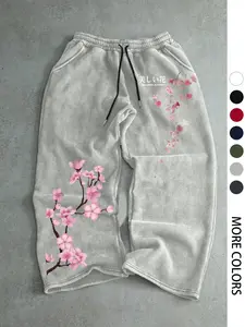 Men's Casual Sporty Long Pants, Cherry Blossom Print Sweatpants, Drawstring Wide Leg Leisure Pants, All Season Men's Clothing, Comfy Sweatpants