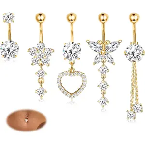 MILACOLATO 5-Piece Hypoallergenic Surgical Steel Belly Button Bar Set, 14G Female Body Jewelry with CZ Dangly Geometric, Heart, Butterfly Accents, Gold and Silver Options