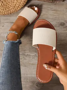 Women's Fashionable Plain Color Slides, Casual Comfortable Flat Slippers for Beach, Outdoor, Daily Wear, Female All-match Slide Shoes for Daily Wear, Girl, Pu Leather Slides