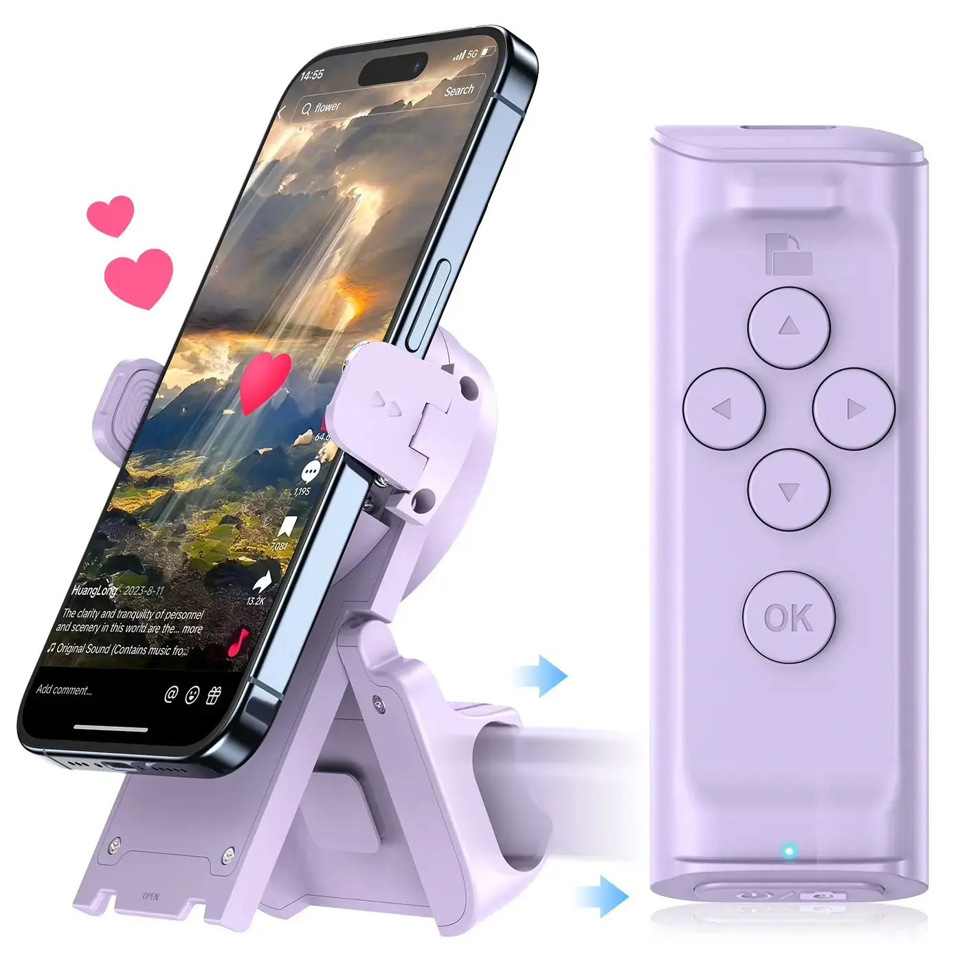Bluetooth Scrolling Ring Remote with Foldable Phone Holder - Hands-Free Short Video Controller, E-Book Page Turner & Selfie Camera Shutter for iOS Android Tablets, Portable Mobile Accessories