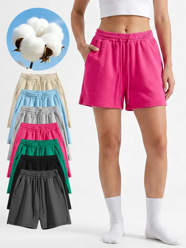 Women's 50% Cotton 50% Polyester Mid-Rise Active Shorts - Shorts for Women, Adjustable Metal Drawstring Head, Loose-Fitting, Slit Hem, Breathable, Machine Washable, for Outdoor Sports, Everyday Wear