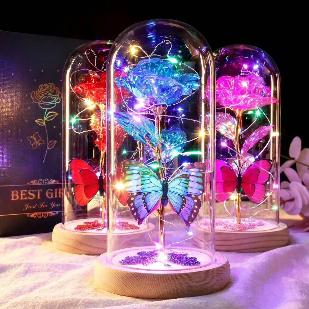DEEMEI Eternal Artificial Rose Light Up Galaxy in Glass Dome with Butterfly Rosa Birthday Gifts for Her Mom Girlfriend