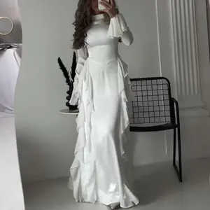 Women’s Elegant High-Neck Long Bell-Sleeve Ruffled Maxi Dress, Solid Formal Evening Gown
