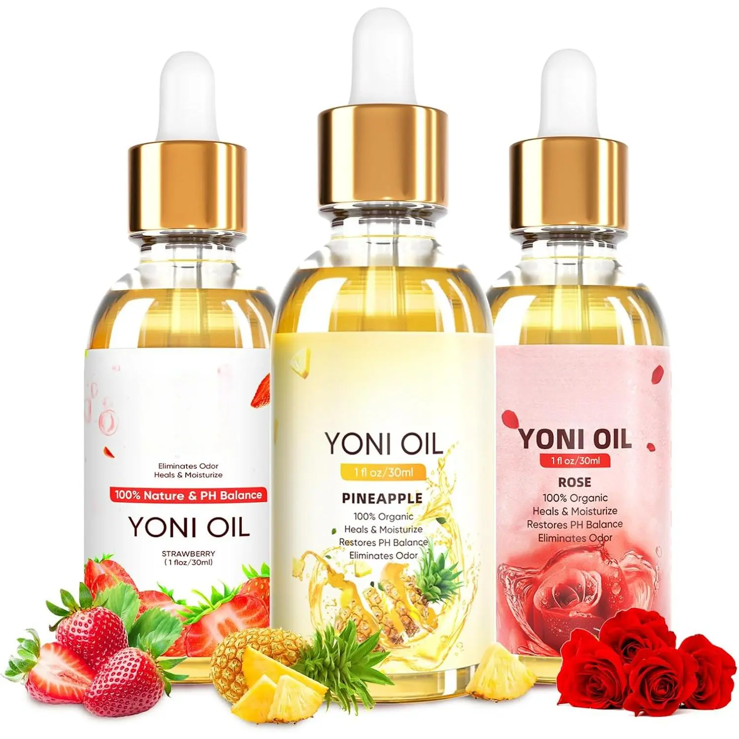 3 Pack Yoni Oil Organic Feminine Oil for Women pH Balance - Feminine Deodorant -Vaginal Moisturizer -Eliminates Odor with Natural Pineapple Rose Strawberry Essential Oil, 1 fl oz/pc