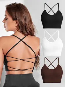 Women's Solid Color Criss Cross Knit Fabric Crop Cami Top, Casual Fashion Sleeveless Cropped Top Fit for Summer, Ladies Clothes for Daily Wear