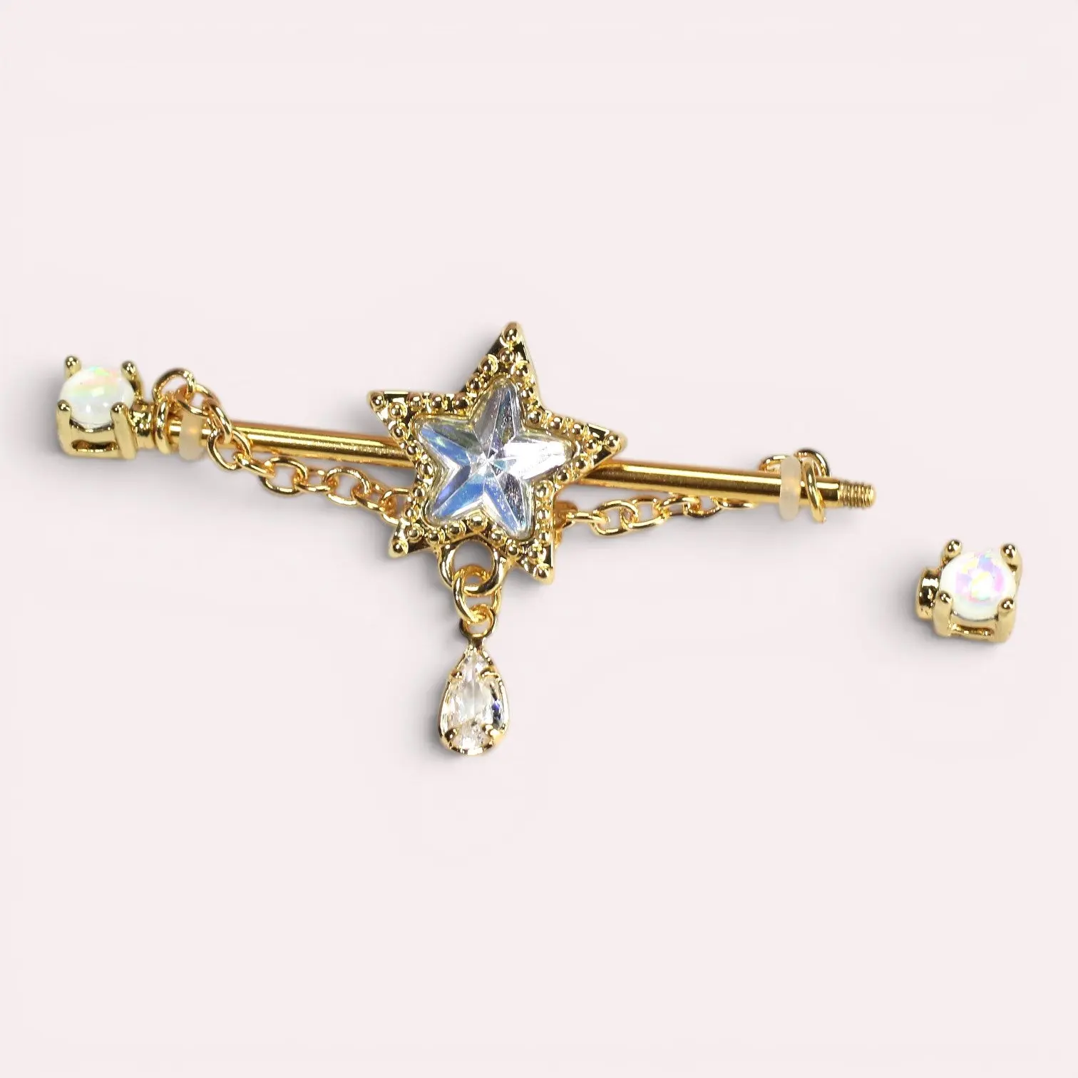 14G Gold Star Industrial Barbell with Chain, 35mm Dainty Dangling Cartilage Scaffold Body Jewellery, Bling Effect Fashion Costume Accessory, Industrial Piercing Jewelry, Dainty Body Jewelry, Chic Body Jewelry, Female