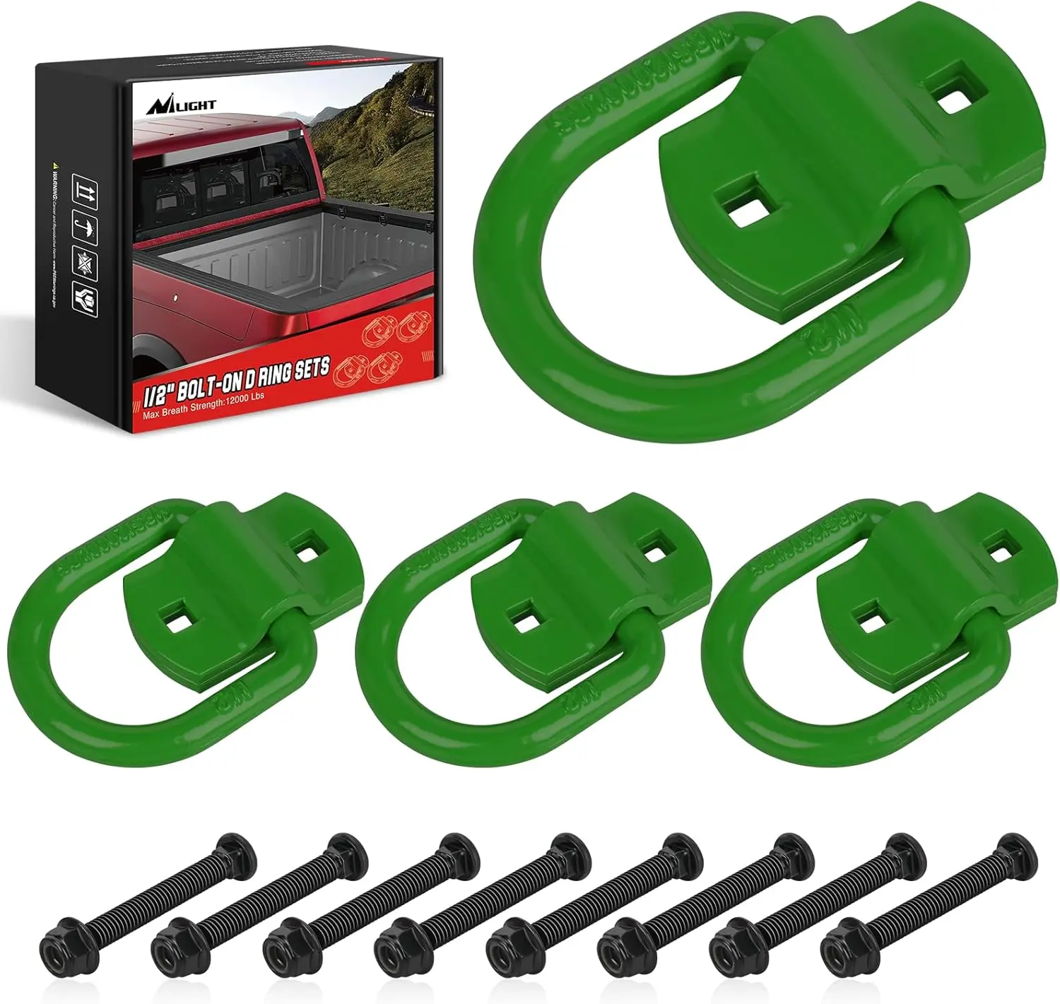 Nilight 4 PCS Heavy Duty Metal Bolt-On D-Ring Cargo Tie-Down Anchors, 1/2" Alloy Steel 12000Lbs Load Hooks with Anti-Rust Coating, Convenient Installation Bolts & Screws Included for Trucks, Campers (Green)