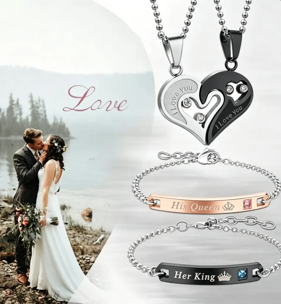 Couples' Heart Themed 4-Piece Jewelry Set Engraved Bracelets "His Queen, Her King" and Heart Pendant Necklaces  perfect accessory choice for anniversaries and Valentine's Day
