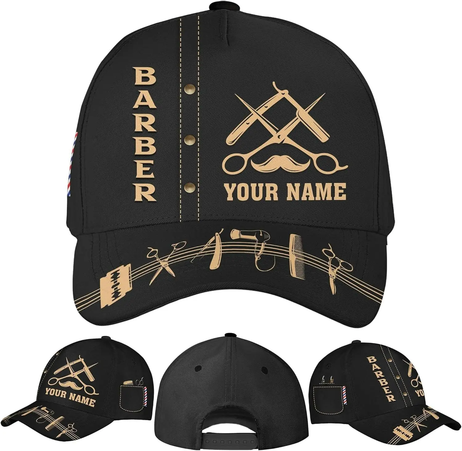 Personalized Barber Shop Classic Baseball Cap - Custom Name Barber Tools Hair Stylist Hat