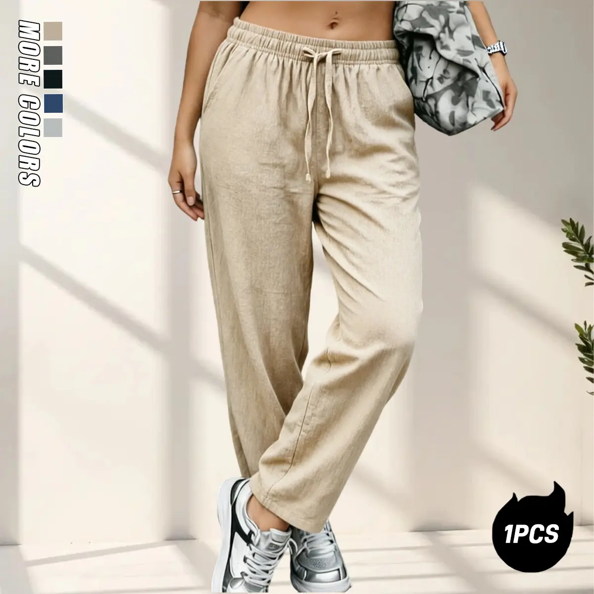 Women’s 100% casual long pants featuring a stretchy waistband, relaxed fit, and fiber that helps collect and shape the body. They include an adjustable drawstring design and are made from lightweight, comfortable material—perfect for relaxing at home, tra