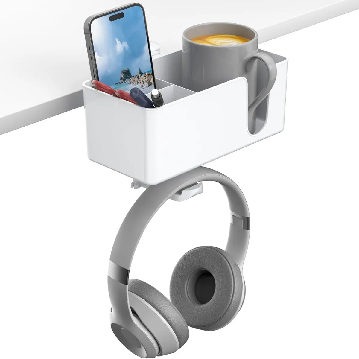 4-in-1 Desk Organizer - Under Desk Cup Holder and Headphone Hanger with 2 Wire Holes - Rotating Hanger and Detachable Storage for Cup, Phone and Pen