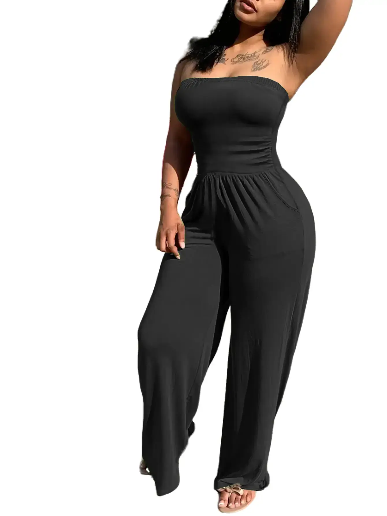 AUXDIO Women's Basic Strapless Halter Sleeveless Loose Soft Solid Fabric Jumpsuit - Travel Casual Summer Women's Clothes Overalls, Jumpsuits For Women