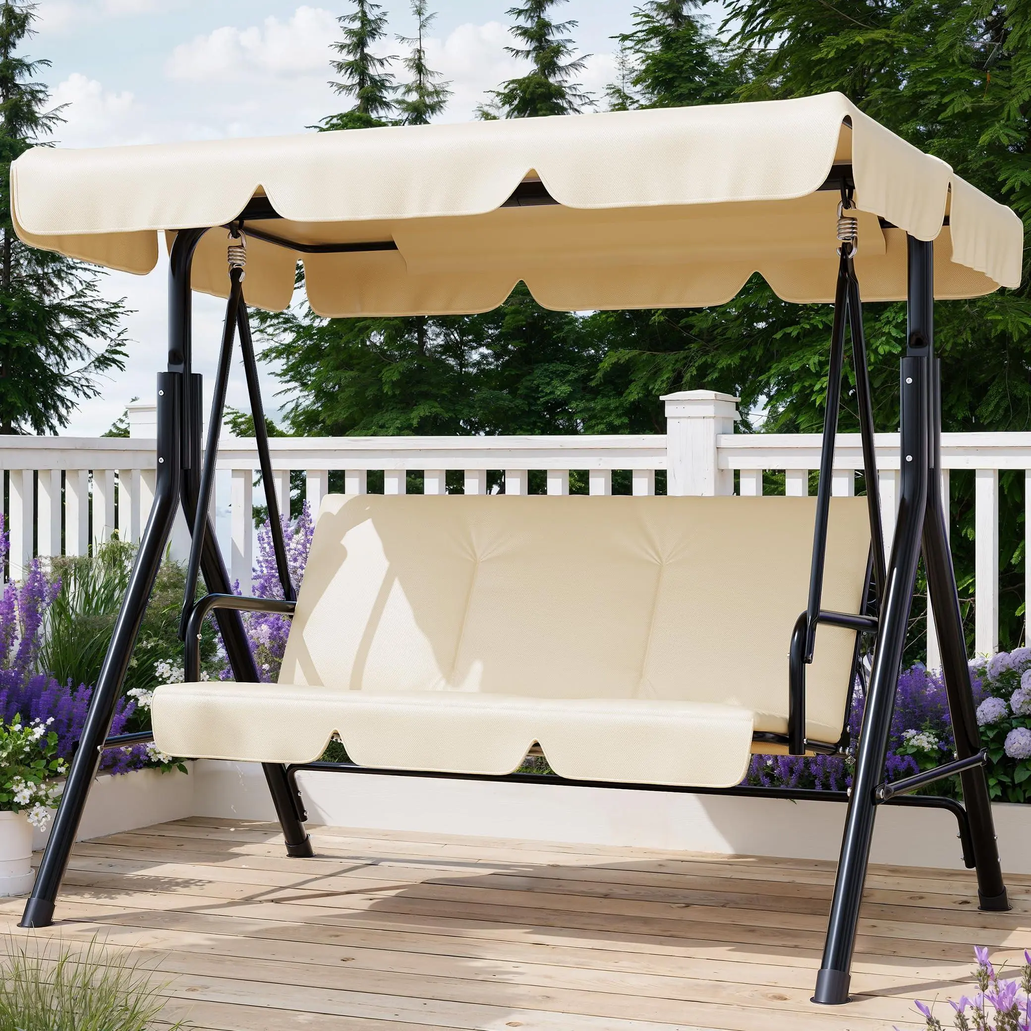 GARVEE Khika Outdoor Porch Swing with Adjustable Canopy, 3-Seat Patio Swing Chair with Stand, Heavy Duty Outdoor Swing for Adults, Metal Frame Patio Swing for Garden, Backyard & Poolside