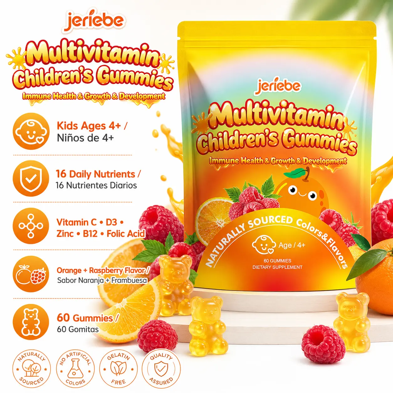 Jeriebe Kids Multivitamin Gummies, Gomitas Multivitaminicas Para Niños 4+, Vitamin C D3 Zinc B12 Folic Acid Ácido Fólico, Immune & Growth Support, Hair Skin Nails, Natural Fruit Flavor Chewable Supplement 60 Count