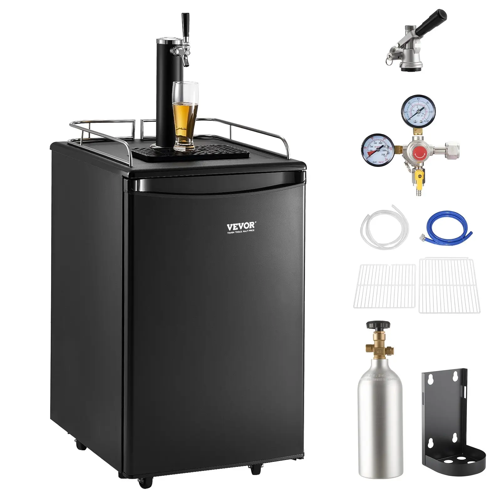 VEVOR Single Tap Beer Kegerator - Full Size Cooling Keg Fridge Unit with Adjustable Shelves, CO2 Cylinder, Drip Tray Rail, 32F-50F Temperature Control, Holds 1/6,1/4,1/2 Barrels, Includes Parts, Black