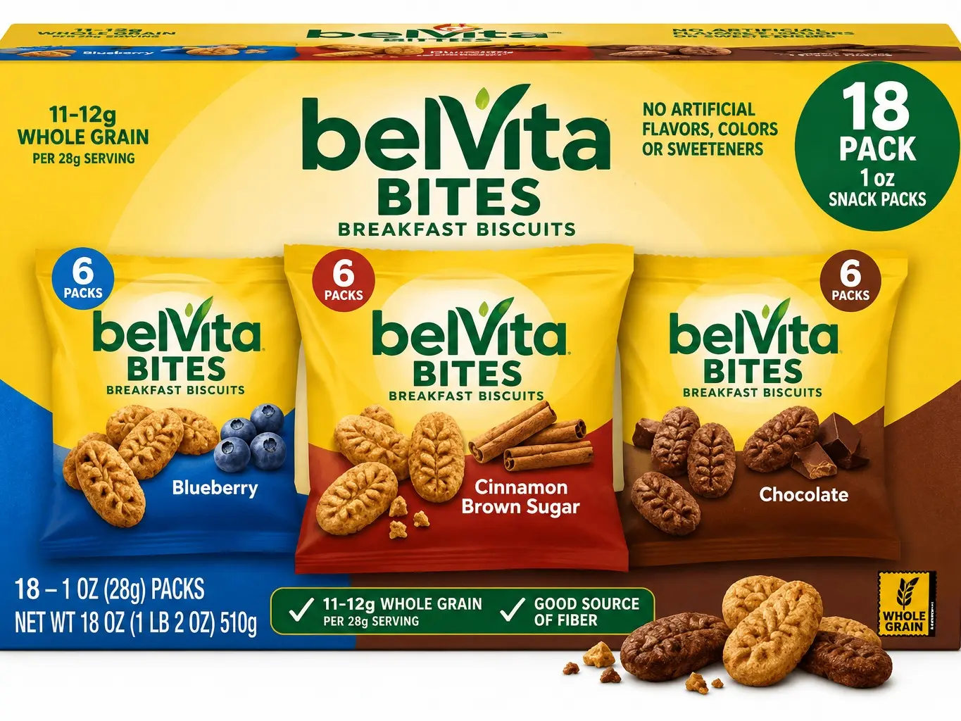 belVita Bites Breakfast Biscuits Variety Pack – 18 Pack, 1 oz Snack Packs | Crunchy Whole Grain Breakfast Biscuits for On-the-Go Snacking
