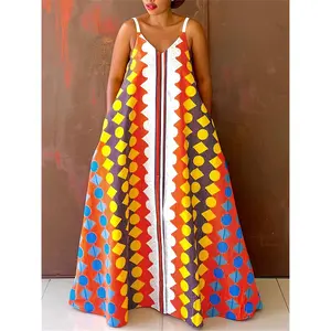 Women's Extra Long Dress |   Glouri African Print |   V-neck Sleeveless Polyester Dress, Colorful Geometric and Striped Pattern |   Casual Loose, Hidden Pocket |   Lightweight and Breathable, Suitable for Spring and Summer Beach and Leisure Activities, Su