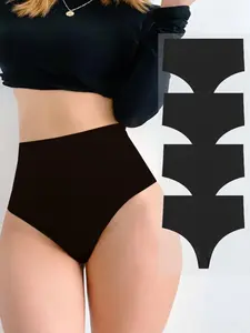 Women's 4pcs Solid Color Nylon High Waist Thong, Comfy Breathable Seamless Fitted Casual Knicker for Daily Wear,  Underwear for Women, Ladies Underwear for All Seasons, Panties, Womenswear, Basic