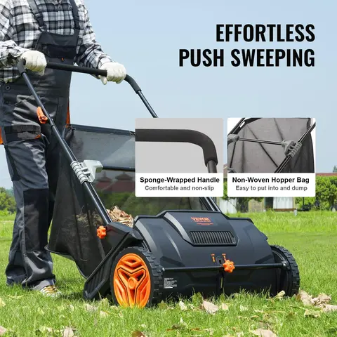 VEVOR 21-inch Pickup Push Lawn Sweeper, Garden Cleaning Tool with 3.5 cu. ft. Mesh Hopper Bag (3.5 cu. ft. Capacity), 2 Spinning Brushes, Adjustable Height, Strong Rubber Wheels, Handle, Wall-Mount Storage, Ideal for Yards, Sidewalks