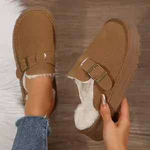 Women's Casual Platform Slippers Suede with Fuzzy Lining & Buckle Design Indoor Outdoor Shoes for Trendy Wear