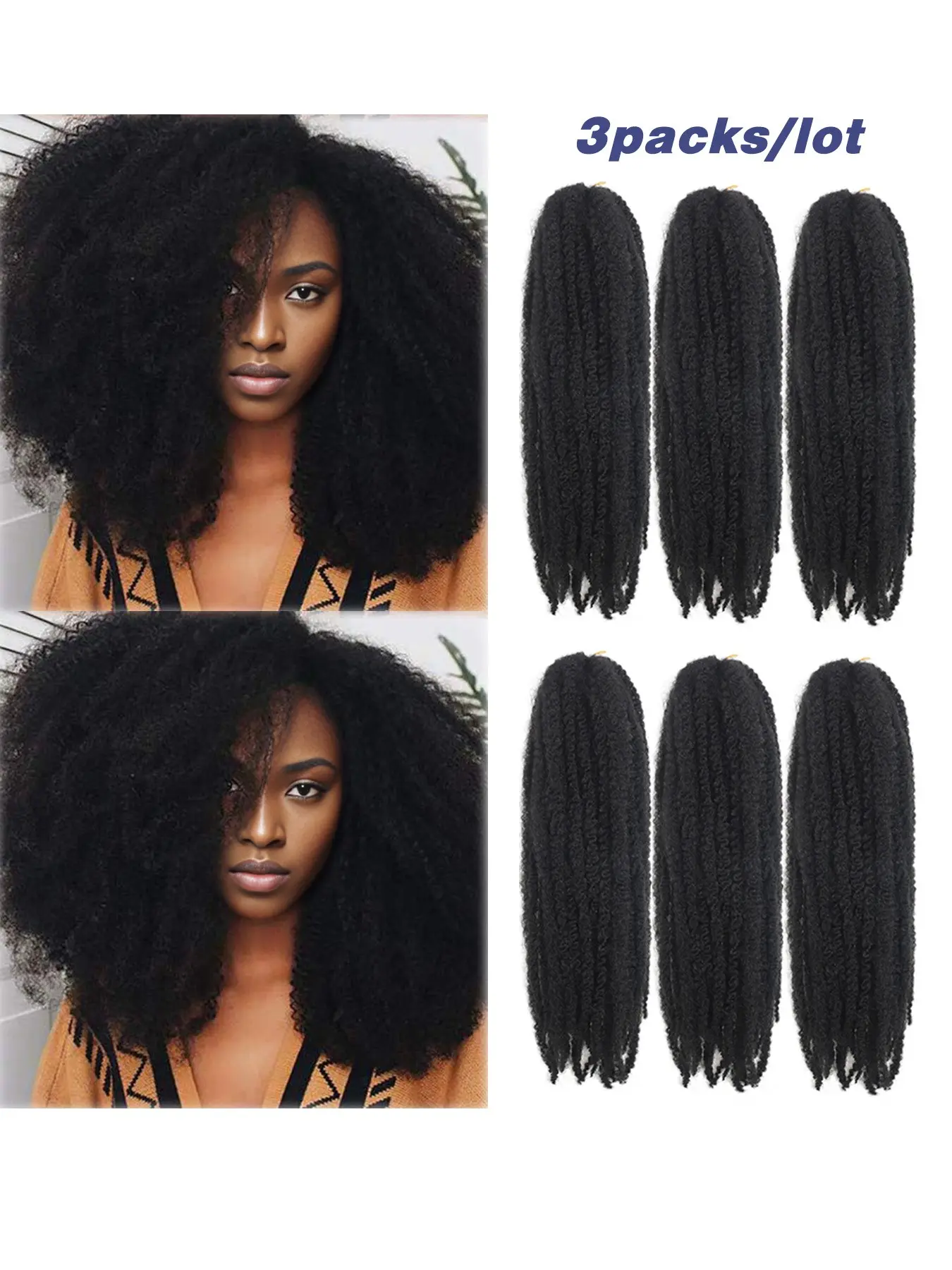 3 Packs of 24-inch Marley Twist Synthetic Hair Extensions, Synthetic Hair Braids - African curly crochet braiding hair with a bouncy texture, suitable for all ethnic women, style for various hairstyles, bun accessories