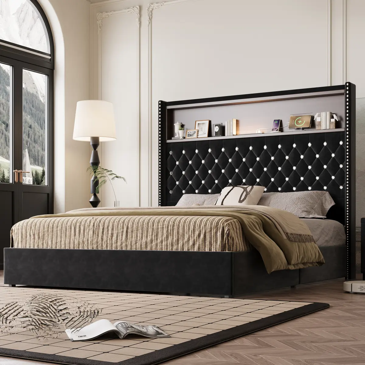 [Bellemave]Full/Queen Size Velvet Tufted Soft Bed Frame with USB Port and Night Light,52'' High Headboard with Rivet Decoration, Wing-back Platform Bed with Headboard Shelf, Black