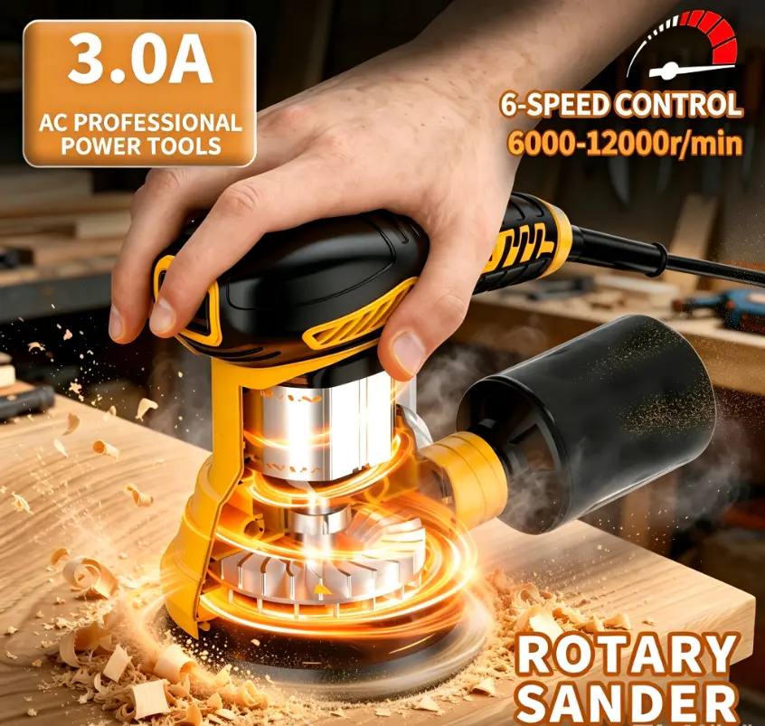 YUNXI 3.0A Random Orbital Sander, 6 Variable Speed 6000-12000RPM Electric Sander with Dust Collection Bag & Sanding Discs, Handheld Power Orbital Sander for Wood Sanding, Furniture Polishing, DIY Woodworking