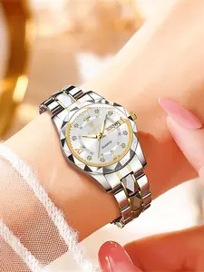 Women's Rhinestone Decorated Round Dial Analog Quartz Watch, Rhinestone Embellished Watch, Rhinestone Watches, Stainless Steel Strap Watch for Women, Calendar Function 30m Waterproof Watch for Birthday Gift with Box