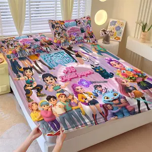 3Pcs KPOP DEMON HUNTERS Fitted Sheet Set, Colorful Anime Clipart & Mythical Creatures Bedding, Trendy & Energetic Design Perfect for Youthful Bedrooms, Bring Vivid Style to Your Space!, No Pillow Core