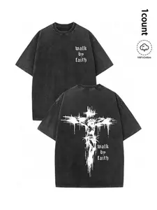 Cross & Faith Over Fear Slogan Print Washed Distressed Short Sleeve Tee, Casual Crew Neck Tshirt, vintage clothing men