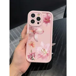 1pc Minimalist Pink Lily Flower Pattern Shockproof TPU Phone Case, Compatible With IPhone 16 Pro Max/15 Plus/14/13/12/11/8P/XS Max And Galaxy S24 Ultra/S23 FE/S22/S21/S20/A52S/A15/A03