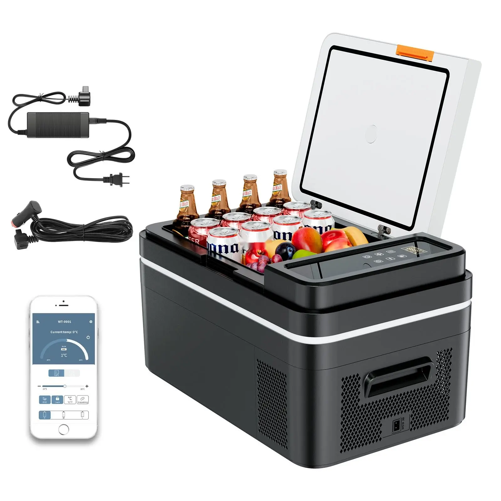 Portable Car Refrigerator 12/24V DC and AC 100-240V Compressor Cooler with App Control, -4°F to 68°F Temperature Range, 23 Qt Car Freezer for RVs Boats Campsites Camping and Fishing, 45W Compact Portable Freezer