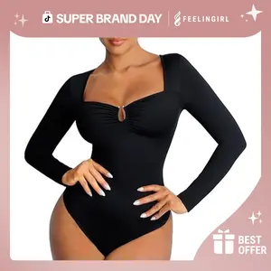 FeelinGirl Body Suits for Womens Long Sleeve Thong Shapewear Bodysuit Sweetheart V Neck Top Shirt Christmas Outfit Womenswear #Summervibes