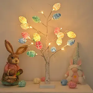 Easter Decorations 24 inch Pre-lit White Birch Tree with 24pcs Egg Ornaments  Led Lights Battery Operated Table Centerpiece for Party Birthday Home Spring Decoration Indoor Use