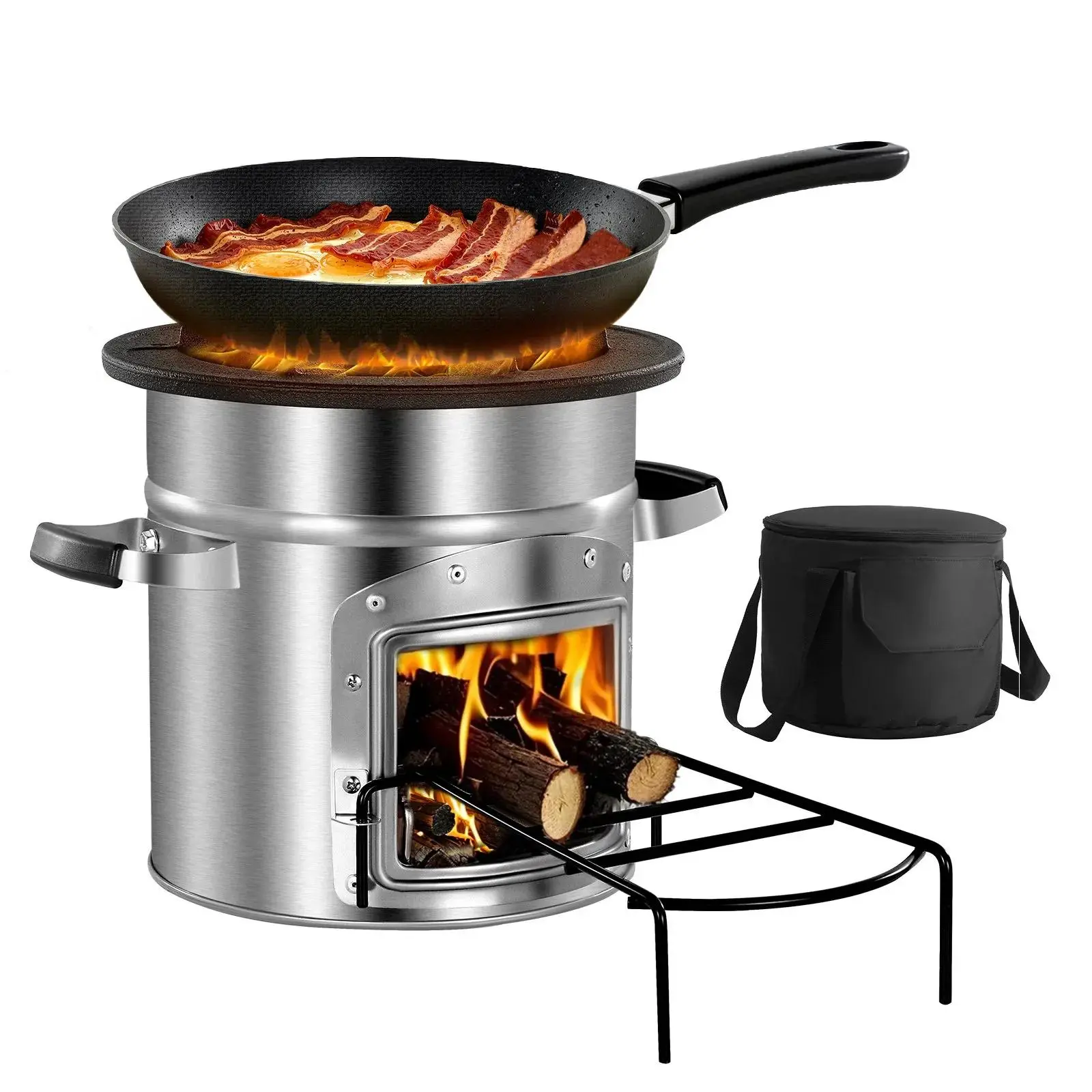 Cast Iron Rocket Stove, Portable Stainless Steel Wood Burner for Camping & Outdoor Cook, Heat Resistant with Locking Fuel Door, Even Heat Top, Rocket Shape, Weather-Resistant Bag