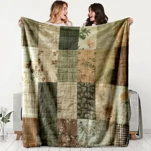 Vintage Inspired Flannel Blanket Patchwork Design Ultra Soft Polyester Fiber All Season Comfort Perfect Gift Idea Camping Travel Naps Home Essential