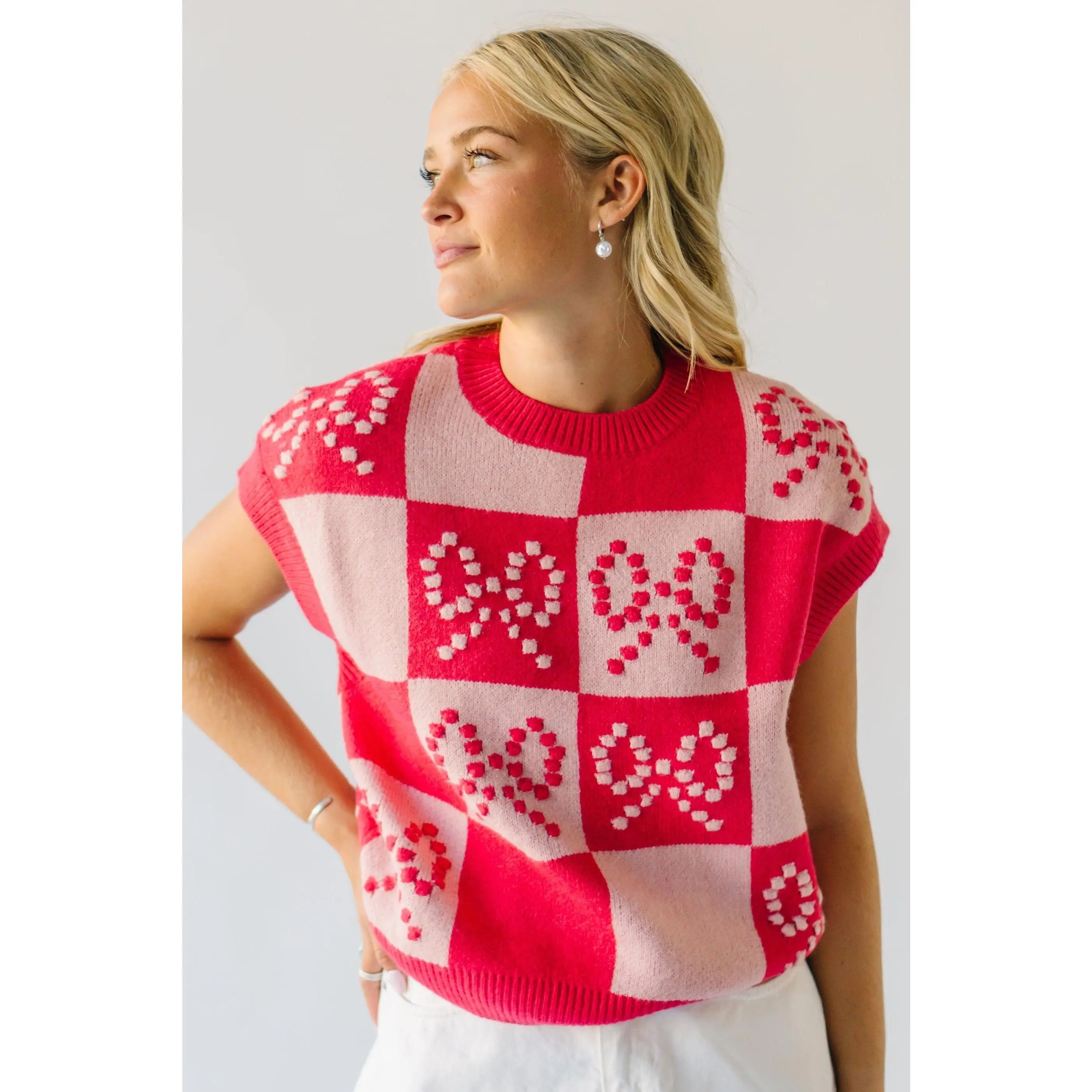 The Seroka Bow Detail Checkered Sweater Vest in Red Multi