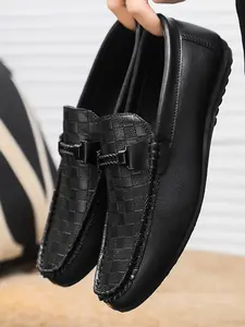 New Men's Korean Style Trendy Shoes, Spring Casual Leather Loafers, One-Click Slip-On Driving Shoes, Narrow Fit, All Seasons