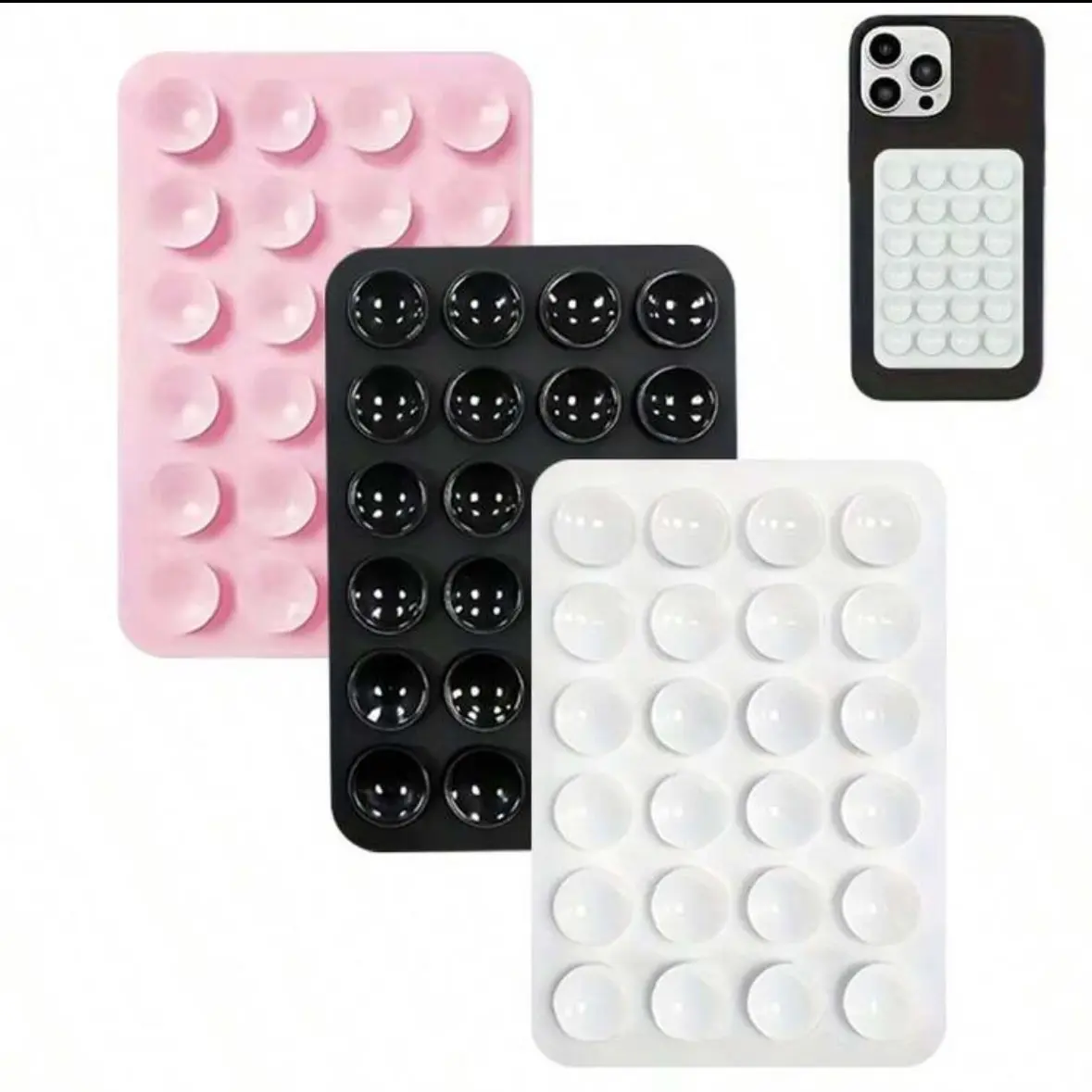 8pcs Multi-Functional Plastic Silicone Suction Cup Phone Holders - Waterproof Sticky Base Accessories for Most Mobiles, Universal Finger Grip for Selfie Lovers (Black/White/Light Pink)