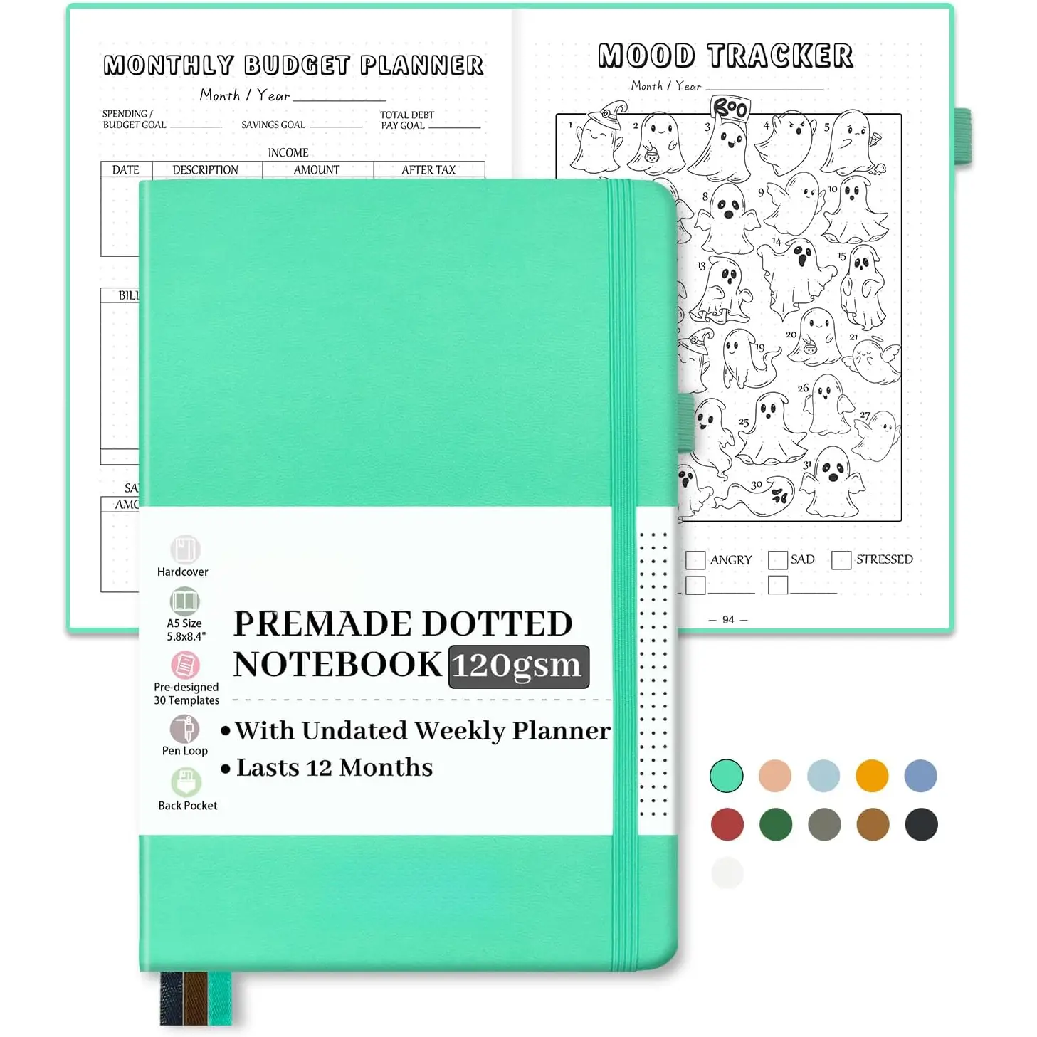 Premade  Dotted Journal Notebook, Pre-made Dot Grid Journaling with Undated Weekly & Monthly Planner - 12 Month Organization for Habit / Mood / Meals / Sleep / Exercise ,