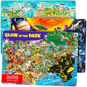QUOKKA 100 Piece Glow in The Dark Puzzles for Kids Ages 4-8 - USA Map World Map and Solar System