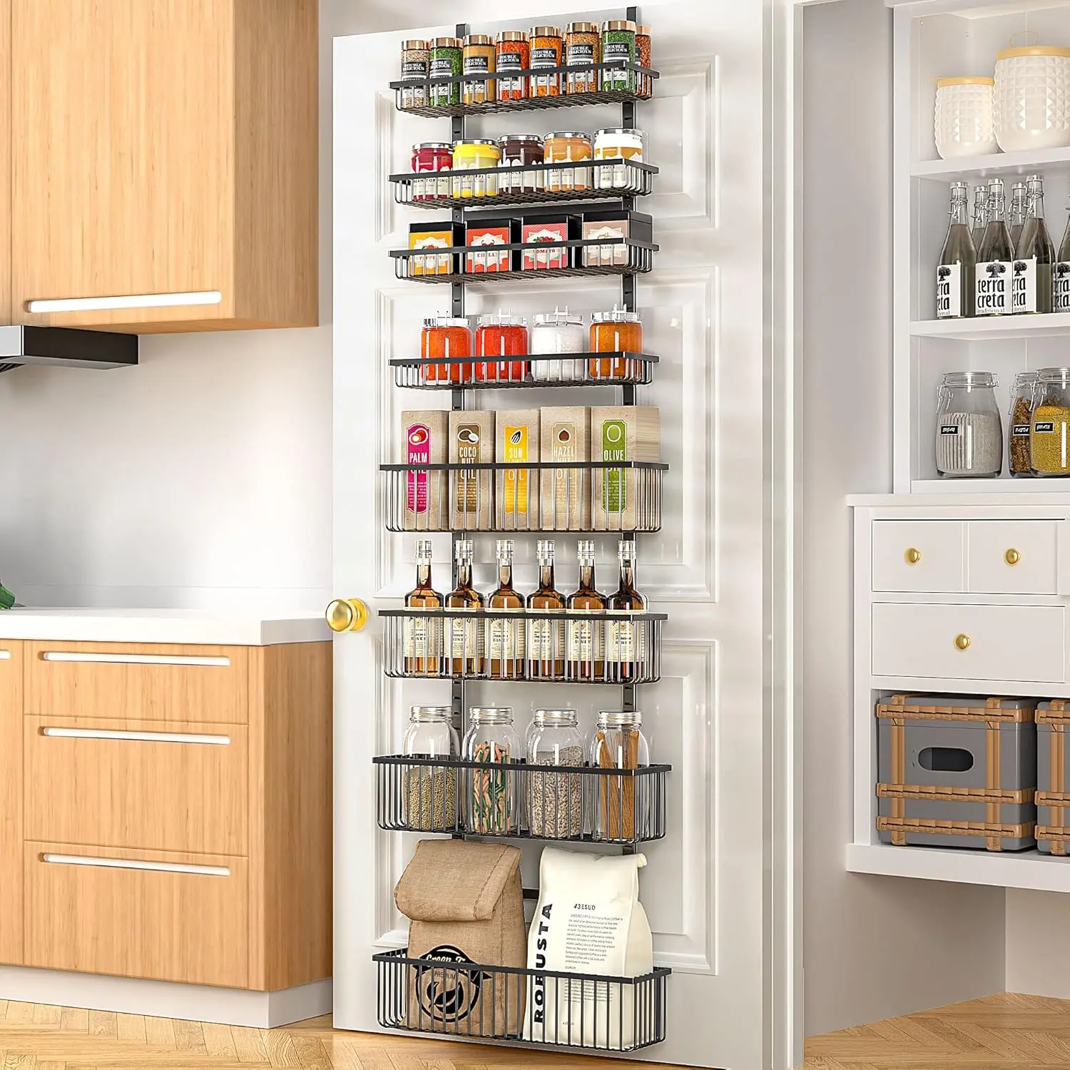 Over The Door Pantry Organizer, Pantry Door Organizer Shelves, Kitchen Organizers and Storage, Hanging Basket Wall  Rack Seasoning Shelves, Laundry Room Bathroom accessories(Black