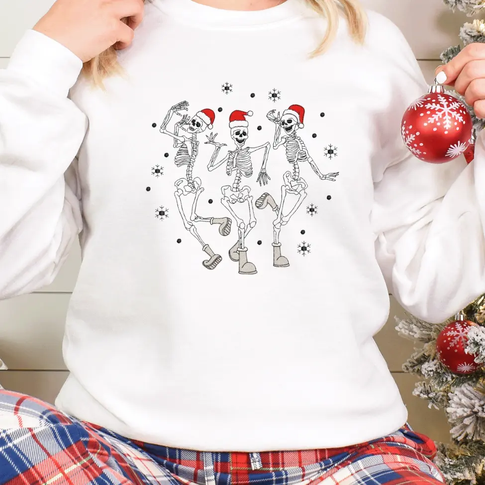 Embroidery Christmas Skeleton Sweater, Embroidered Dancing Skeletons Christmas Sweater, Ugly Christmas Sweater, Morbid Christmas Sweater