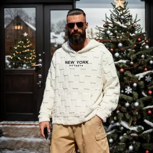 KZZ NewYork Hoodie Men's Letter Embroidery Pocket Textured Flannel Hoodie, Loose Casual Long Sleeve Hooded Sweatshirt for Fall & Winter, Menswear for Daily Wear, Mens Clothing Tops Pullover christmas gifts for him