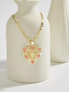 Elegant Heart-Shaped Floral Necklace, Flower Pendant, 14k Gold Plated Christian Jewelry, 24 Inch Flat Chain Valentine Gift, All-Season Style