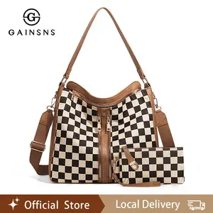 GAINSNS Large Checkerboard Crossbody Satchel for Women with Matching Wallet – Multi-Compartment Plaid Tote, Adjustable Strap Handbag for Work, Daily Essentials, Shopping and Travel