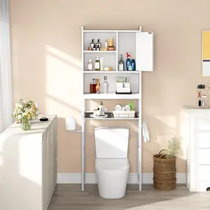 AWQM Over The Toilet Storage Cabinet, Bathroom Toilet Rack, Freestanding Organizer with Adjustable Shelf and Paper Hook, Space-Saving Toilet Stand for Open Storage - White, Retro Brown, Rustic Brown
