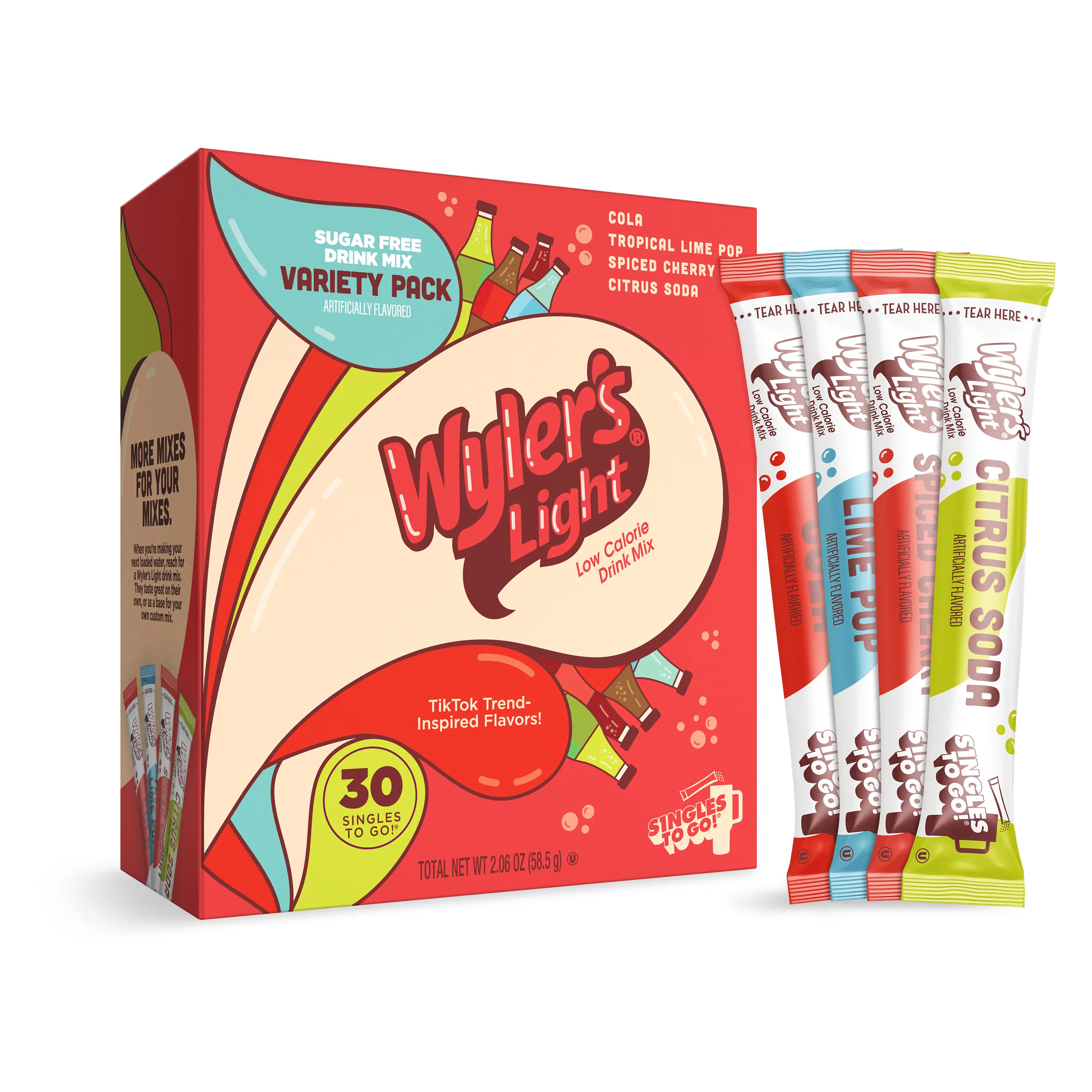 Wyler’s Light Singles To Go Soda Inspired Variety Pack 30ct – Sugar-Free Water Drink Mix Sticks, Calorie-Free Soda Flavors (Cola, Lime, Cherry, Citrus), Gluten Free, Single Serve