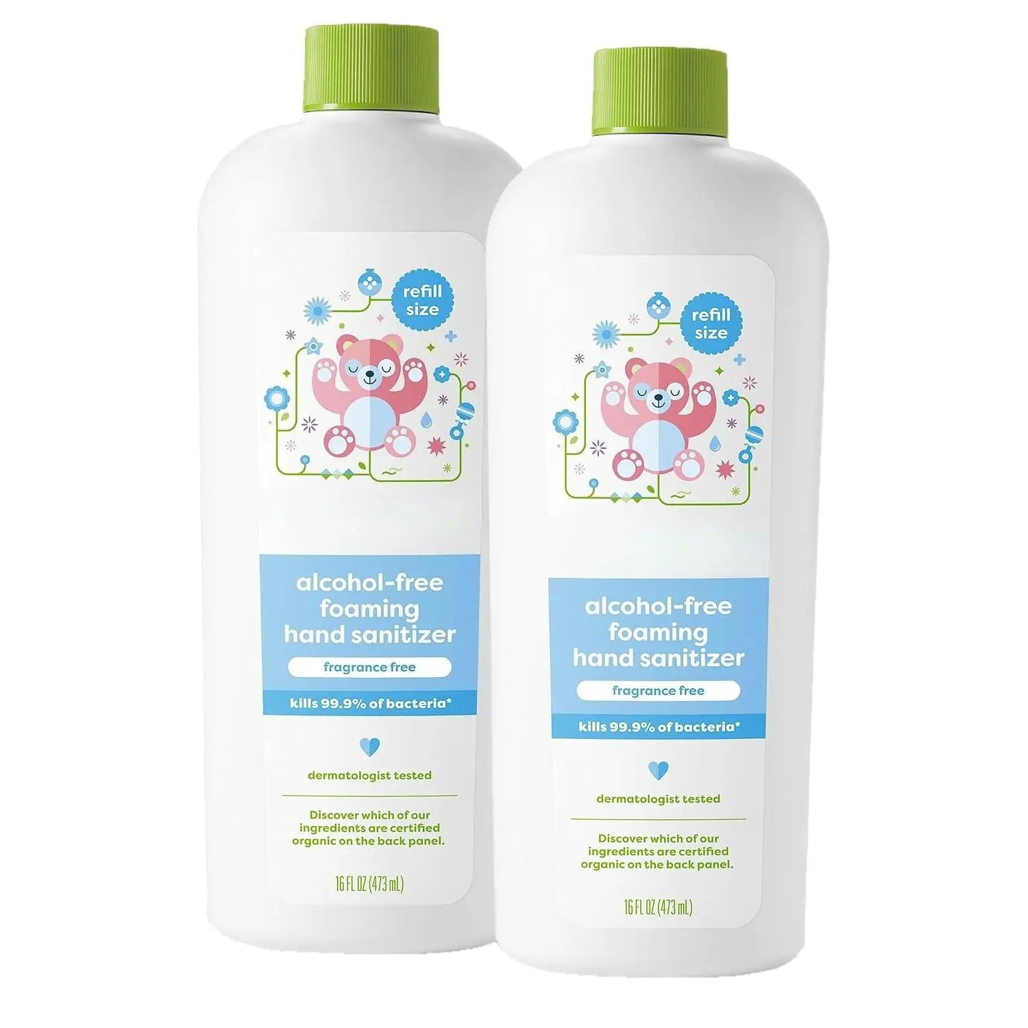 Foaming Hand Sanitizer Refill Packs for Baby, Moisturizing & Alcohol-Free, Fragrance Free, Kills 99.9% Bacteria, 16 fl oz (2 Pack), Handsanitizer, Kills Bacteria, 99.9% Bacteria-Killing